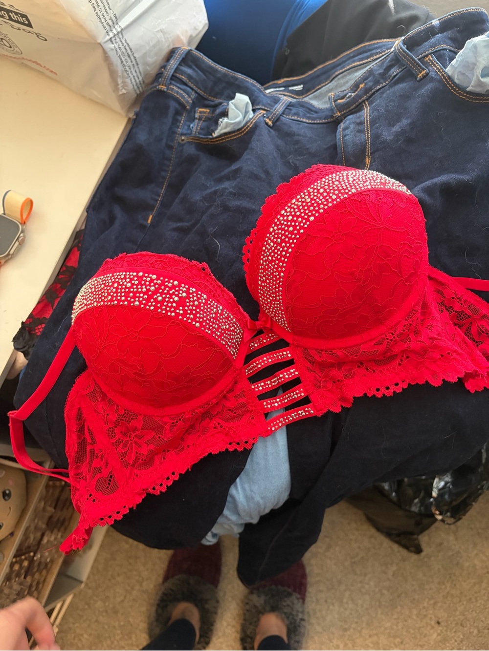 H&M Red Lace Push-Up Bra with Rhinestone Trim